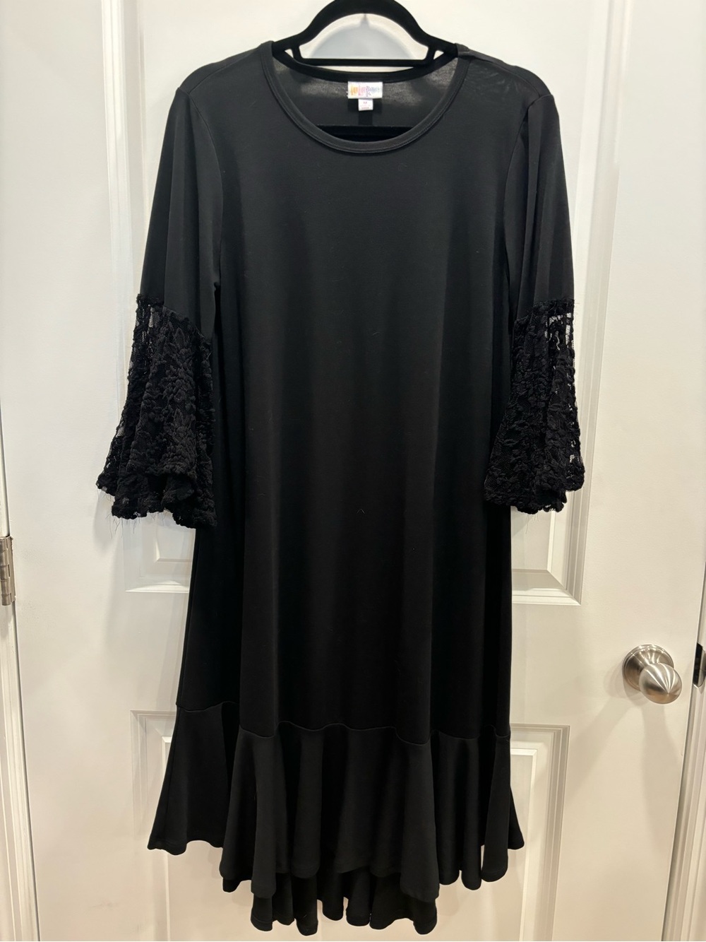 LuLaRoe Maurine Black Midi Dress with Lace Bell Sleeves